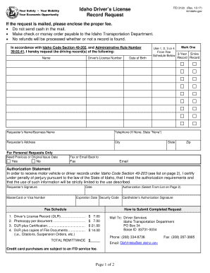 Idaho Driver's License Record Request Idaho Transportation  Form