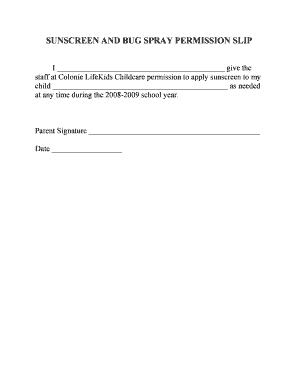 Sunscreen Permission Form for Daycare