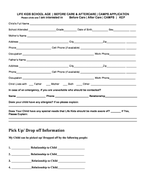 Sample Registration Form for After School Program