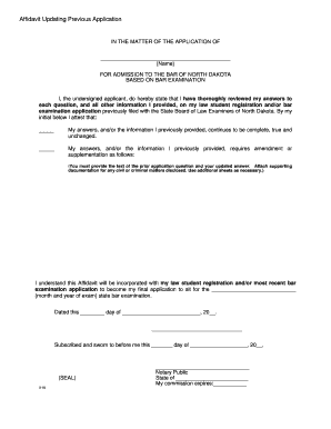 Affidavit Updating Previous Application North Dakota Supreme Court  Form