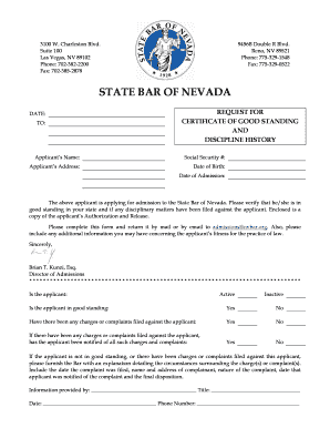 Get and Sign Request for Certificate of Good Standing State Bar of Nevada  Form