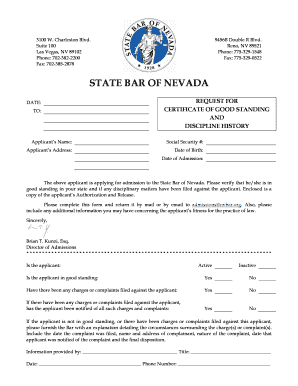 Request for Certificate of Good Standing State Bar of Nevada  Form