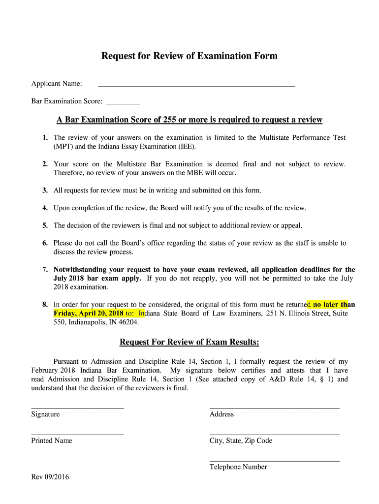 Indiana Request Examination  Form