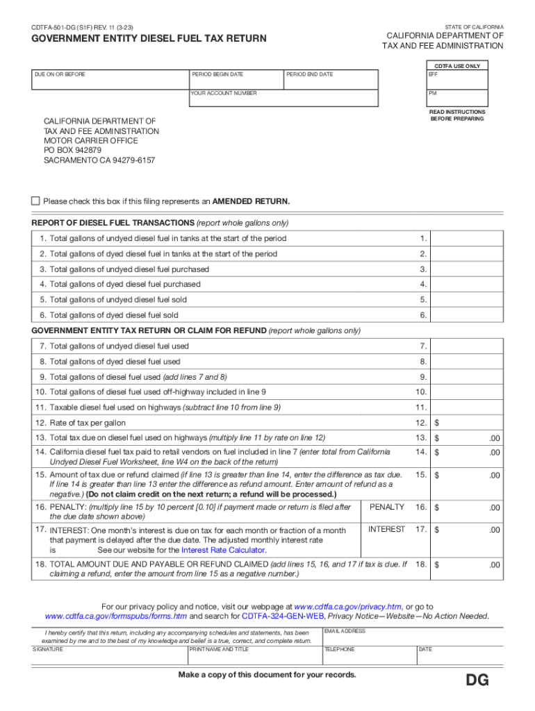 CDTFA 501 DG Government Entity Diesel Fuel Tax Return  Form