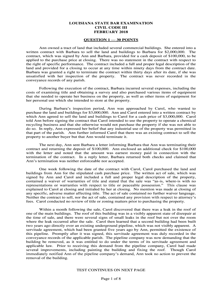  Page 1 of 8 LOUISIANA STATE BAR EXAMINATION    LASCBA 2018