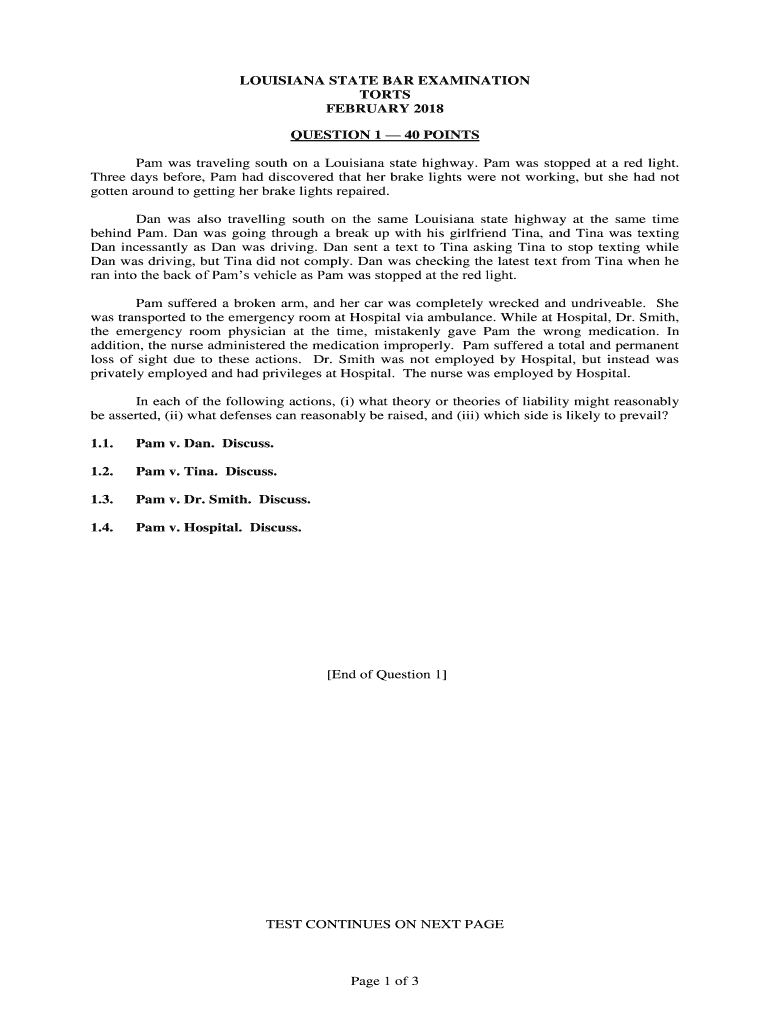  Page 1 of 3 LOUISIANA STATE BAR EXAMINATION    LASCBA 2018