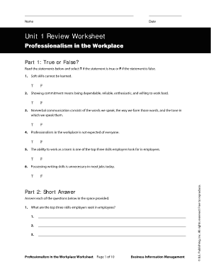 Professionalism in the Workplace Worksheet  Form
