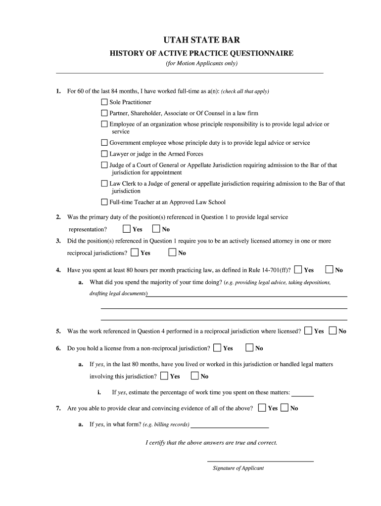 History of Active Practice Questionnaire Utah State Bar  Form