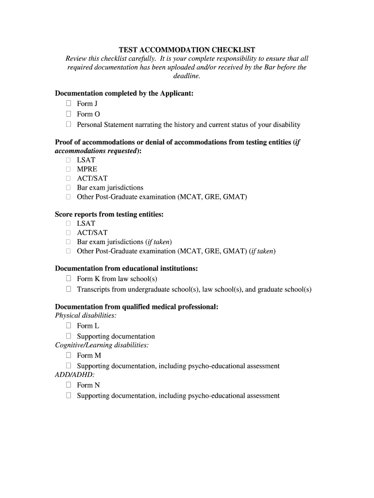 TEST ACCOMMODATION CHECKLIST  Form