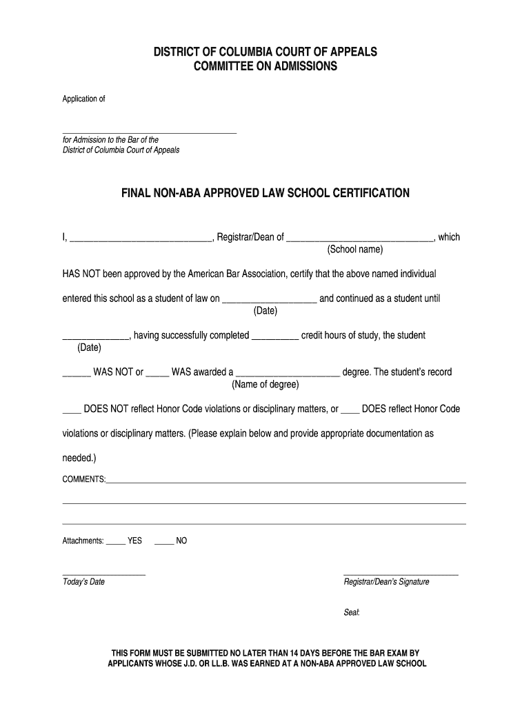FINAL NON ABA APPROVED LAW SCHOOL CERTIFICATION  Form