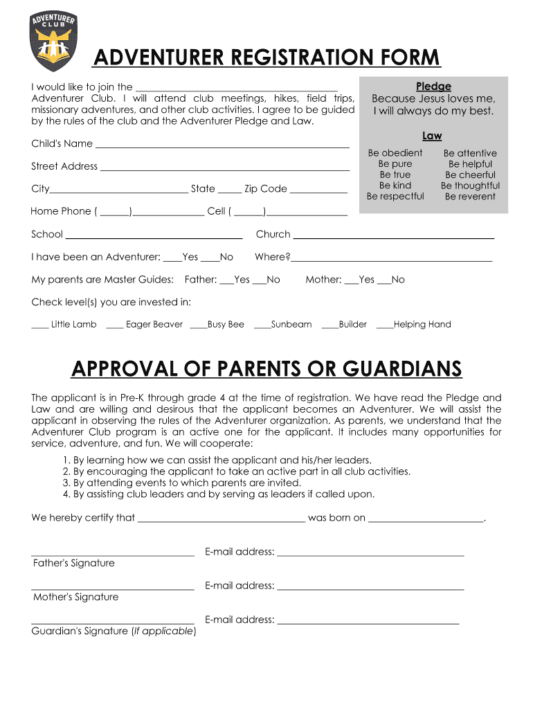 Adventurer Registration Form  Gulf States Conference