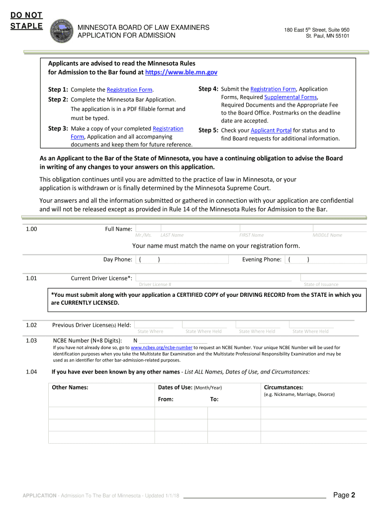  Minnesota Bar Application Admission Form 2018