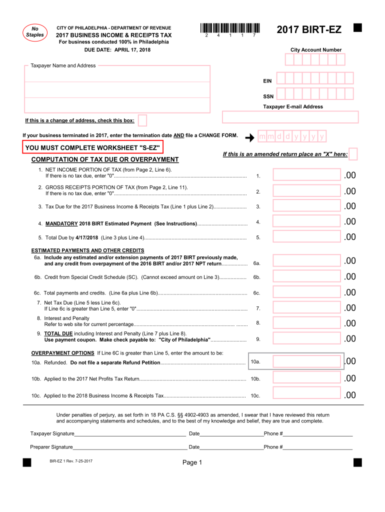  Philadelphia Ez Form 2017