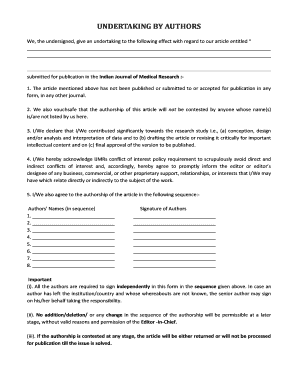 Undertaking by Authors Indian Journal of Medical Research  Form