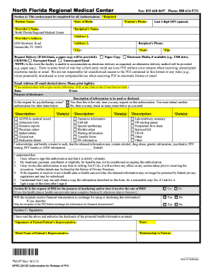 Authorization for Release of Protected Health Information PHI North Florida Regional Medical Center Authorization for Release of