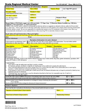 Authorization for Release of Protected Health Information PHI Ocala Regional Medical Center Authorization for Release of Protect