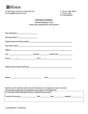 Transfer of Warranty Letter  Form