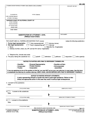 MC 050 Substitution of Attorney Civil Without Court Order Judicial Council Forms