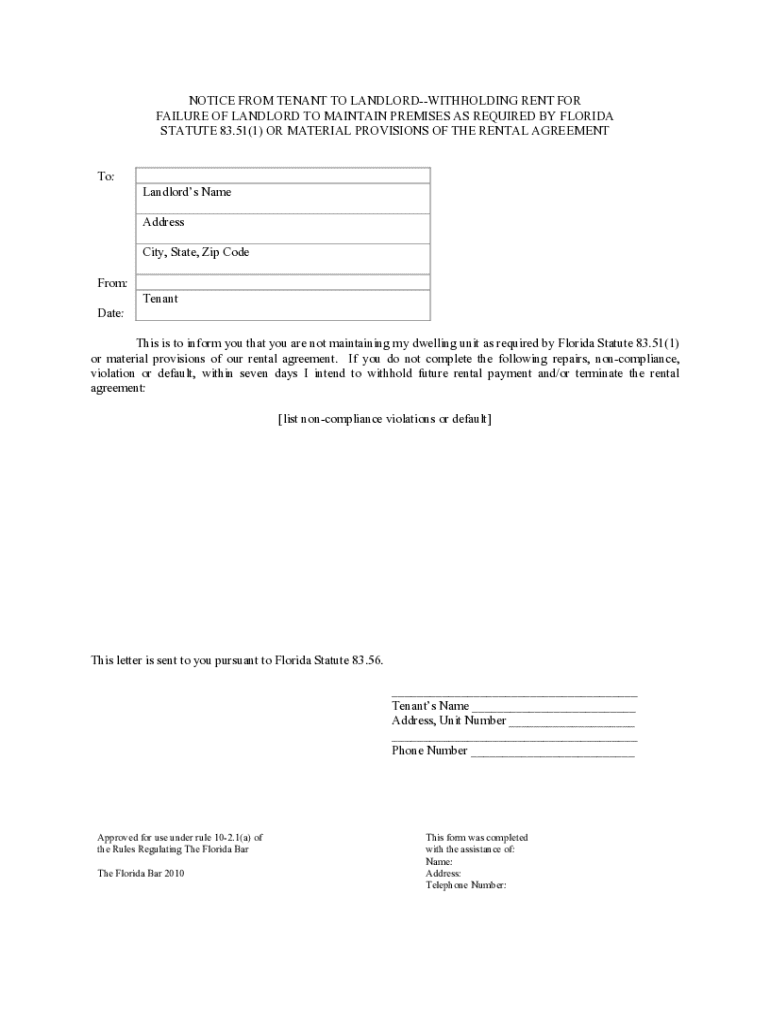 Form 4 Notice from Tenant to Landlord Withholding    the Florida Bar