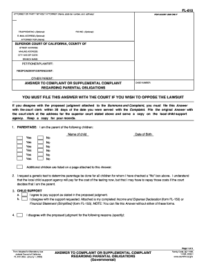 FL 610 ANSWER to COMPLAINT or SUPPLEMENTAL COMPLAINT REGARDING PARENTAL OBLIGATIONS Governmental Judicial Council Forms