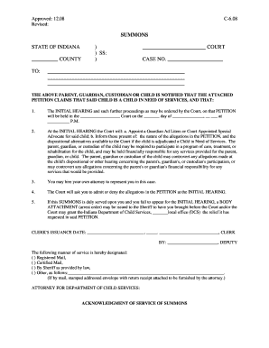 Summons State of Indiana Legal Fill Court and Legal Forms