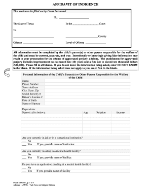 AFFIDAVIT of INDIGENCY Legal Fill, Court and Legal Forms