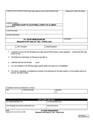 At ISSUE MEMORANDUM Request to Set Case for Trial Family  Form