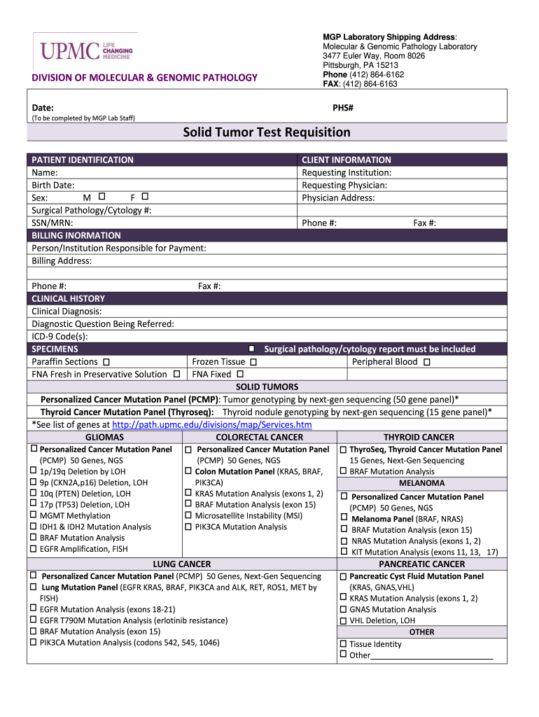 To Be Completed by MGP Lab Staff Solid Tumor Test  Form