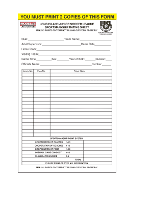 LIJSL Game Roster Form Long Island Junior Soccer League