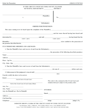 Order for Possession 32612 CCM N114 in the CIRCUIT COURT of COOK COUNTY, ILLINOIS MUNICIPAL DEPARTMENT DISTRICT Plaintiffs No 12  Form