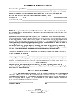 MEMORANDUM for APPRAISAL the Claims Pages the Insurance  Form