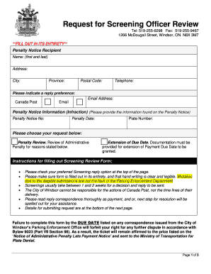 Request for Screening Officer Review Windsor  Form