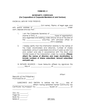 Secretary Certificate for Authorized Representative in Bir  Form