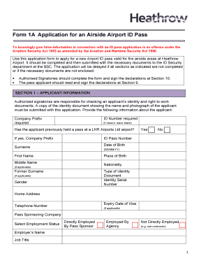 Form 1A Application for an Airside Airport ID Pass Heathrow Airport