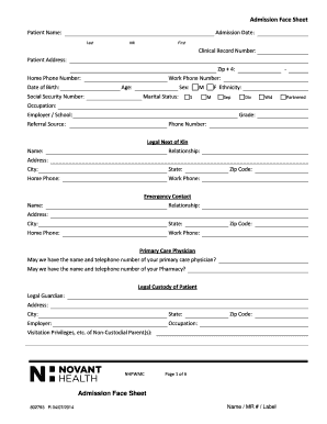 Admission Face Sheet  Form