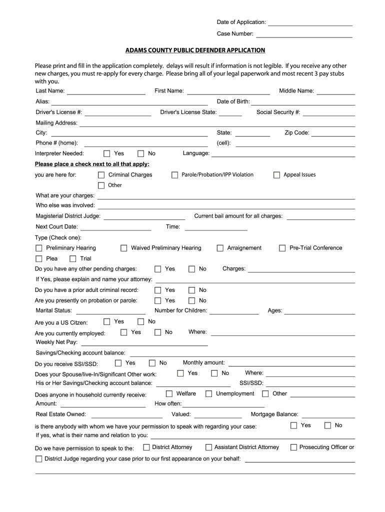 Public Defender Application for Indiana County  Form