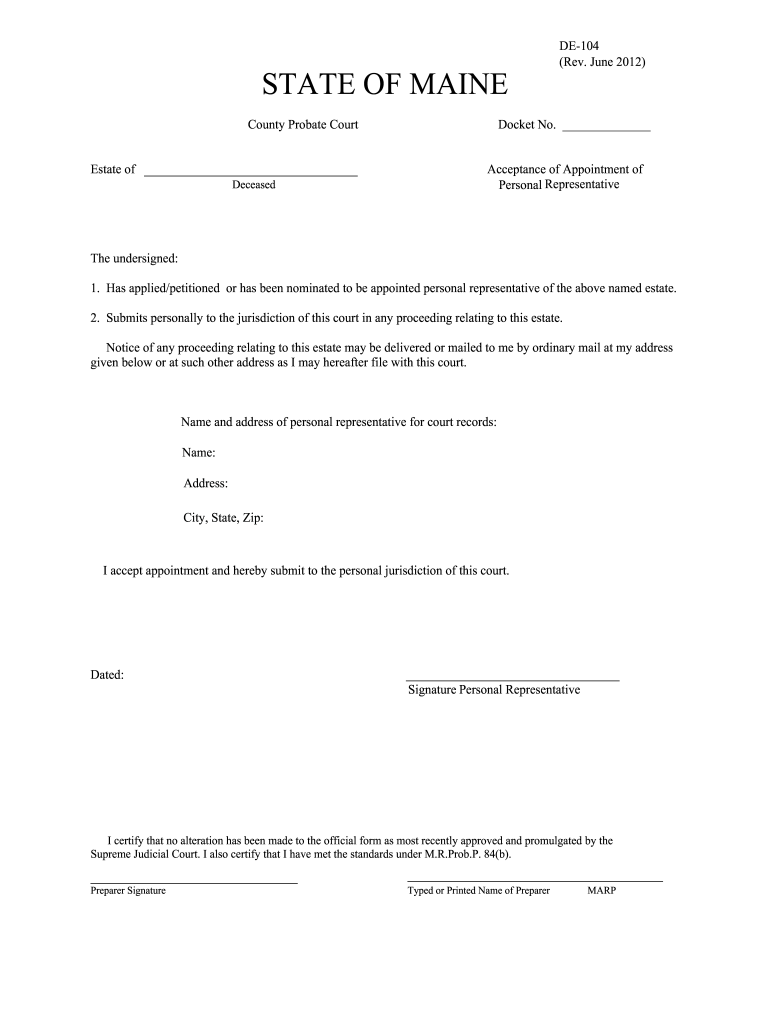 Get and Sign DE 104 PR Acceptance Maine Probate Courts 2012 Form
