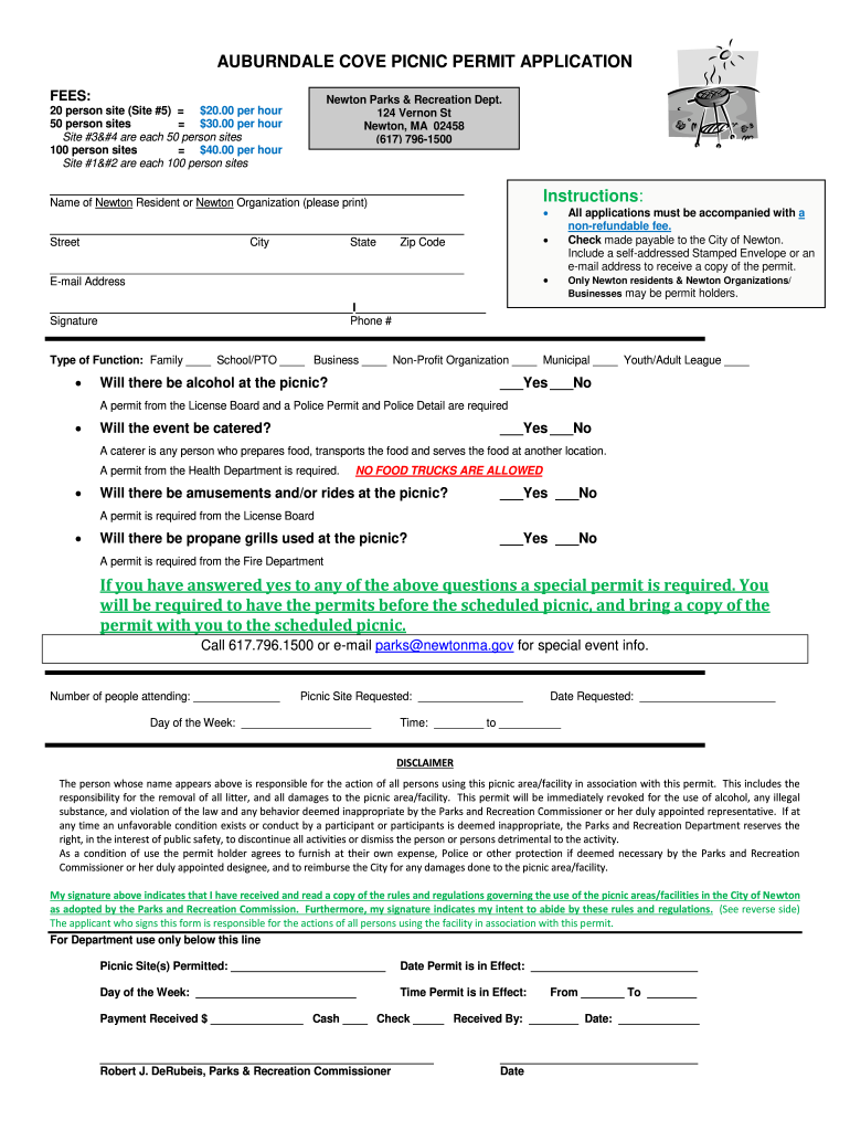 AUBURNDALE COVE PICNIC PERMIT APPLICATION  Newton, MA  Homepage  Newtonma  Form