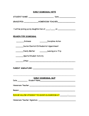 Early Dismissal Note for School  Form