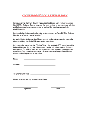 CODERED DO NOT CALL RELEASE FORM Beltrami County, Minnesota Co Beltrami Mn