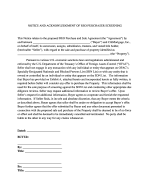 Otice and Acknowledgement of Reo Purchasing Screening  Form