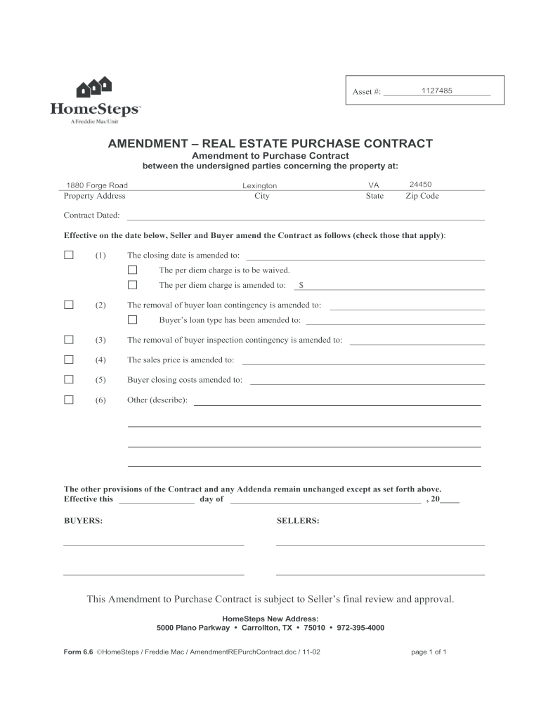 AMENDMENT REAL ESTATE PURCHASE CONTRACT  Form