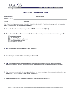 504 Teacher Input Form