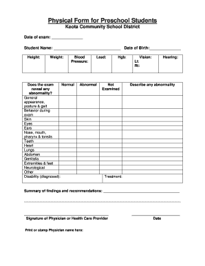 Physical Form for Preschool Students Keota Community Schools Keota K12 Ia