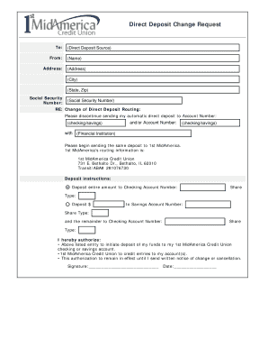 Direct Deposit Change Request 1st MidAmerica Credit Union 1stmidamerica  Form