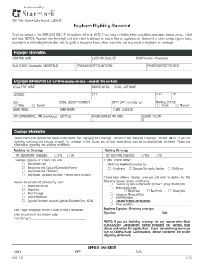 Employee Eligibility Statement Starmark  Form