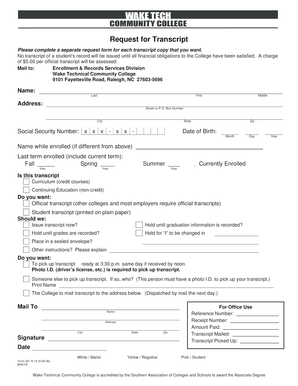 #291 Request for Transcript Wake Technical Community College Forms Waketech