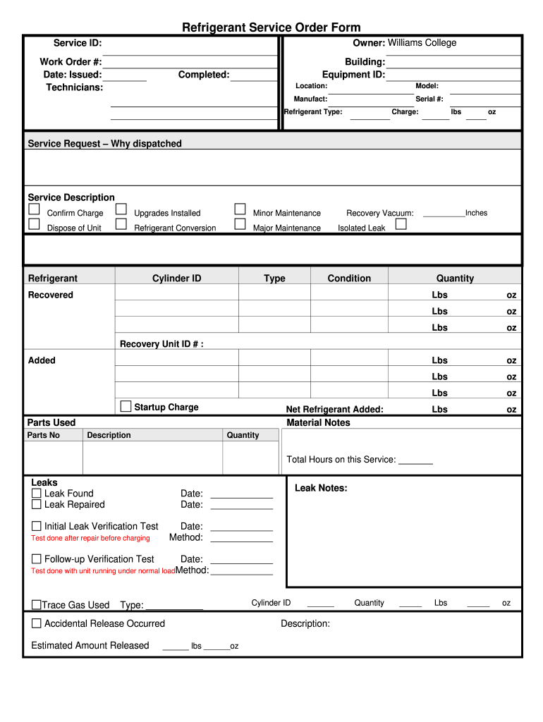 Refrigerant Service Order Form