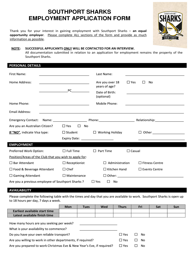 SOUTHPORT SHARKS EMPLOYMENT APPLICATION FORM