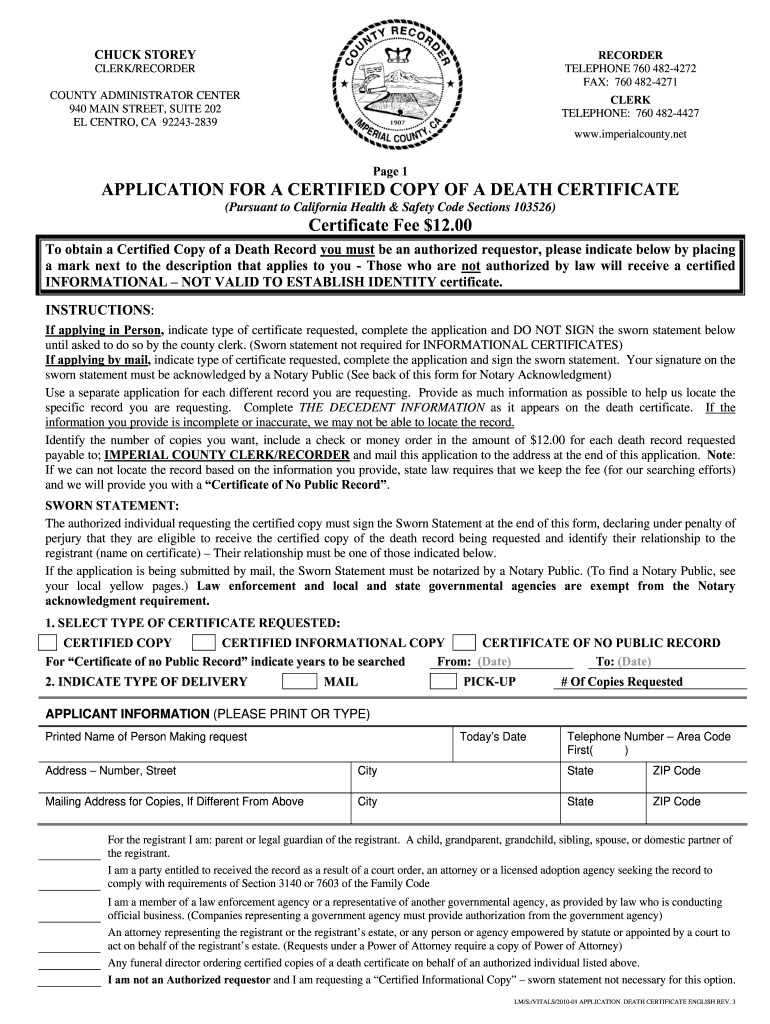 Get and Sign APPLICATION for a CERTIFIED COPY of a DEATH CERTIFICATE 2010-2022 Form